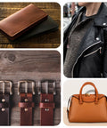 Leather wallet, jacket, belts, and handbag illustrating uses for 4mm Ball Head Stud Rivets With Screw Back For DIY Leather Craft Handbags And Belts