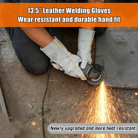 Person using grinder wearing 13.5 inch leather welding gloves from Complete Welding Accessories Tools Kit For Beginners.