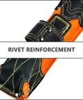 Close-up of rivet reinforcement on a Flame-Resistant Leather Electrode Bag and Welding Rod Holder for Welders, cowhide storage pouch.