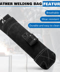 Welding Rod Holder Bundle For Arc Welding, 16 Inch Flame Resistant Leather Electrode Bag With Clip displayed on a table