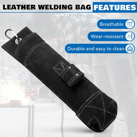 Welding Rod Holder Bundle For Arc Welding, 16 Inch Flame Resistant Leather Electrode Bag With Clip displayed on a table