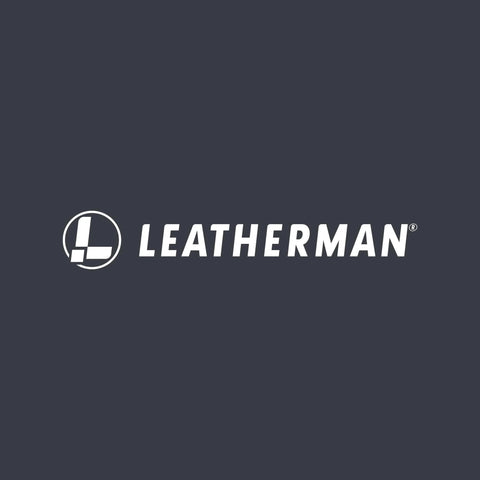 Leatherman logo in white on dark background, representing Leatherman Micra Keychain Multi Tool With Scissors And Knife Compact Stainless Steel EDC Tool.