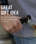 Hand using Leatherman Skeletool CX 7-In-1 Lightweight Minimalist Multi-Tool for Everyday Carry EDC to open a bottle