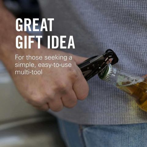 Hand using Leatherman Skeletool CX 7-In-1 Lightweight Minimalist Multi-Tool for Everyday Carry EDC to open a bottle