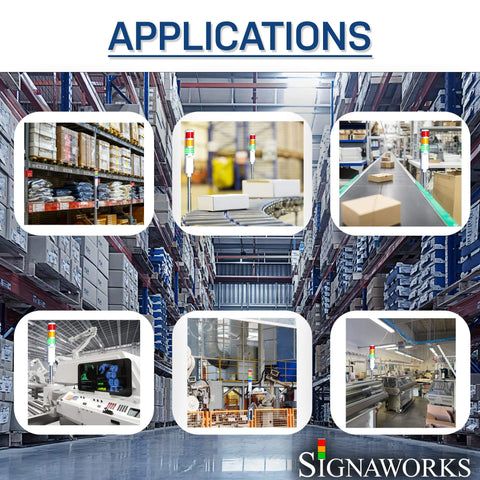 Applications of Five Stack LED Andon Tower Light With 8 Foot Industrial Power Cord in warehouse and assembly lines