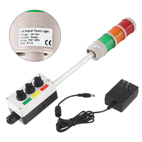 Three Level LED Andon Tower Light With Buzzer For The Shop Floor Red Yellow Green Status Signals On Off Flash Control ABB Selector Switch And Mean Well Power Adapter Six Foot Plug And Play