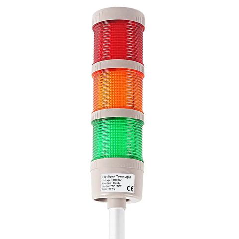 Three Level LED Andon Tower Light With Buzzer For The Shop Floor Red Yellow Green Status Signals On Off Flash Control ABB Selector Switch And Mean Well Power Adapter Six Foot Plug And Play