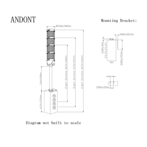 Diagram of Three Level LED Andon Tower Light With Buzzer For The Shop Floor Red Yellow Green Status Signals On Off Flash Control ABB Selector Switch And Mean Well Power Adapter Six Foot Plug And Play with dimensions and mounting bracket details.
