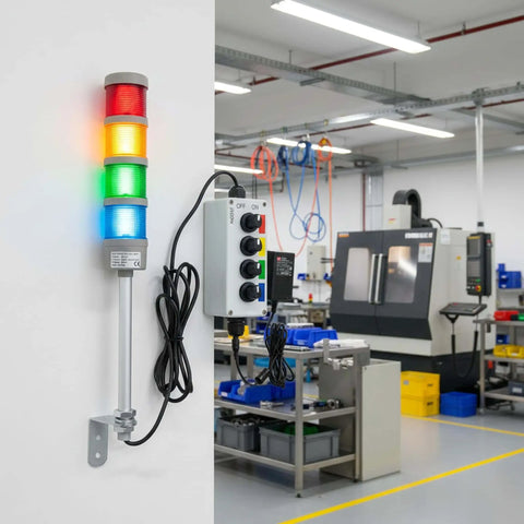 4-Stack LED Andon Tower Signal Light For Industrial Workstations And Production Lines With Red Yellow Green Blue Indicators in use, IP65 Rated