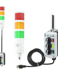 Three Stack LED Andon Tower Light With Red Amber Green Signals Eight Foot Industrial Power Cord Plug And Play Ready Indoor Rated OSHA Compliant Three Switches For On Off Flash Pole And Light Assembly Made In USA