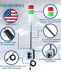 2 Stack LED Andon Tower Light With Red Green Signals 3 Position On Off Flash Super Bright Industrial LED Indicator 8 Foot Power Cord Plug And Play Ready OSHA Standard Indoor Rated Assembled In USA, shown with components and features labeled.