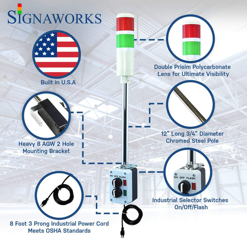 2 Stack LED Andon Tower Light With Red Green Signals 3 Position On Off Flash Super Bright Industrial LED Indicator 8 Foot Power Cord Plug And Play Ready OSHA Standard Indoor Rated Assembled In USA, shown with components and features labeled.