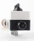 Side view of Three Level LED Andon Tower Light with Buzzer for the shop floor; ABB selector switch visible; plug connector in focus.