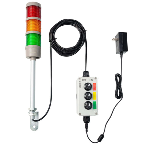 Luz de señalización Andon de tres niveles LED con zumbador integrado para líneas de producción industrial; indicadores rojo, amarillo y verde en modos encendido, apagado y parpadeo; interruptor selector ABB; adaptador de corriente Mean Well; cables de extensión de 1,8 m y 4,8 m; Andon «plug and play»