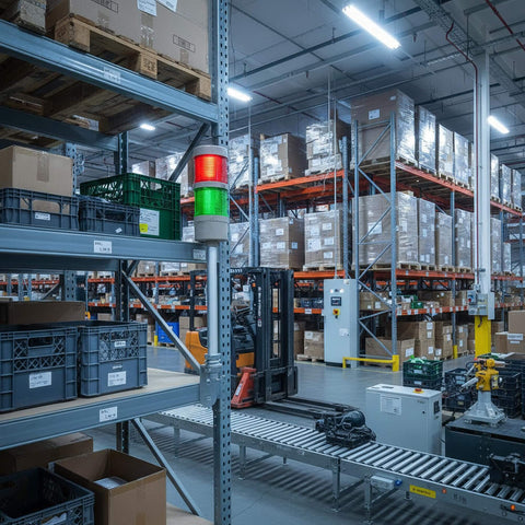 Two Stack LED Andon Tower Signal Light For Industrial Workstations with red and green indicators in a warehouse setting.