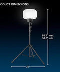 60W LED Balloon Light With Tripod For Outdoor Events By E Z UP 7,800 Lumens Over 5,000 Sq Ft 360 Degree Illumination Water Resistant Nylon Diffuser Easy Setup 120 Volt Input on tripod with dimensions