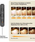 Brightness settings for Rechargeable 19 LED Clip On Book Light, showing five levels and stepless dimming instructions.