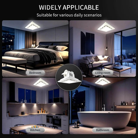 Bathroom Exhaust Fan With Light And LED Panel, 11.8 Inch Square shown in bedroom, living room, kitchen, bathroom settings