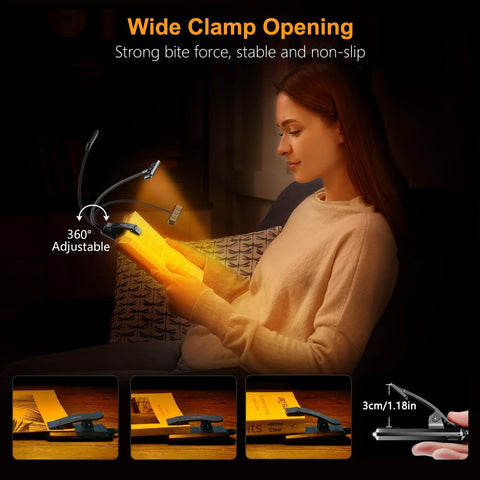Rechargeable 19 LED Clip On Book Light with Memory Function being used by woman, showing wide clamp opening and adjustable neck.