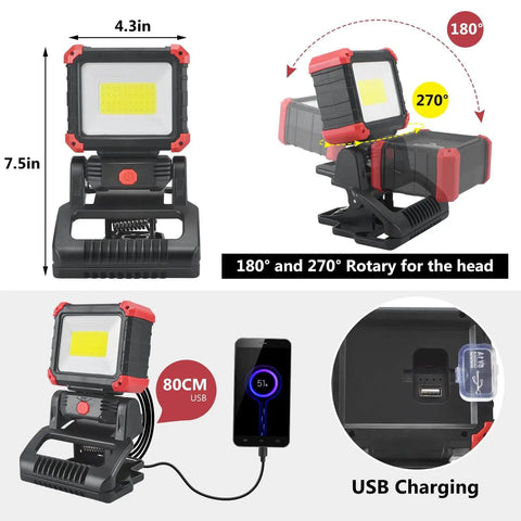 Rechargeable LED Clip On Work Light With Clamp 2 Pack 2100 Lumen COB Magnetic Work Lights 3 Modes 270 Degree And 180 Degree Rotation Waterproof Perfect For BBQ Jobsite Workshop And Car Repair
