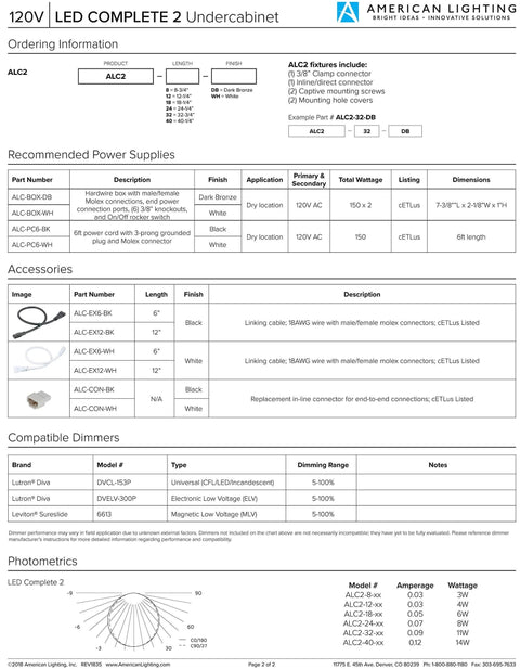 Specification sheet for American Lighting Linking Cable 18 AWG Wire With Male And Female Molex Connectors White cETLus Listed.