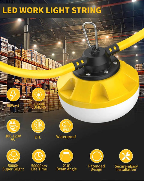 Industrial Grade LED Construction String Lights For Job Sites 100 Ft 10 Bulbs 10000LM Output Weatherproof And Linkable 5000K