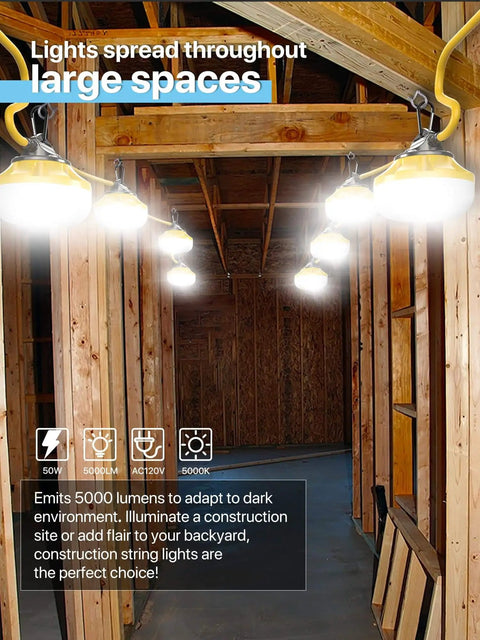 Bright 50 Foot LED Construction String Lights With Five Bulbs And Climbing Hooks IP65 Waterproof Linkable Work Lights