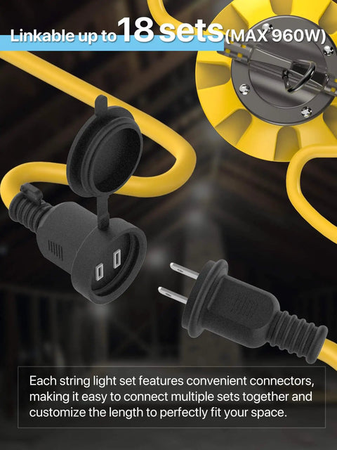 Close-up of connectors for Bright 50 Foot LED Construction String Lights With Five Bulbs And Climbing Hooks IP65 Waterproof Linkable Work Lights