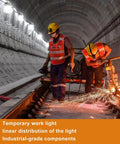 Workers using Beefed Up 100ft LED Construction String Lights for Job Sites, linkable and hook ready, in an underground tunnel.
