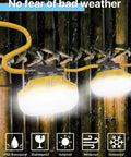 Bright 50 Foot LED Construction String Lights With Five Bulbs And Climbing Hooks IP65 Waterproof Linkable Work Lights shown in rainy weather