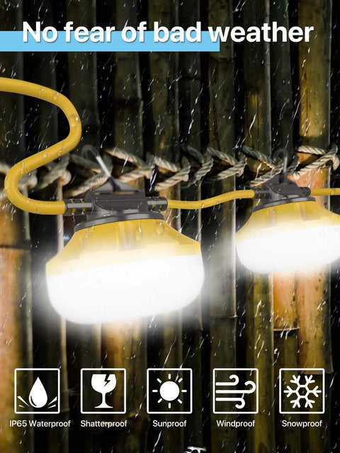 Bright 50 Foot LED Construction String Lights With Five Bulbs And Climbing Hooks IP65 Waterproof Linkable Work Lights shown in rainy weather