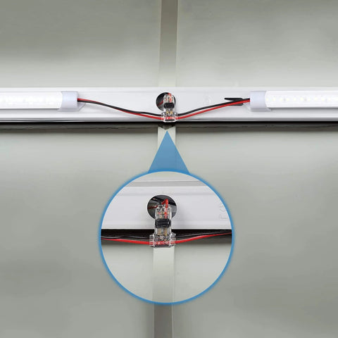 65.6ft 22 AWG LED Extension Cable with 12 Piece 3 Way T Tap Wire Connectors installed between LED lights