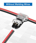 Close-up of 65.6ft 22 AWG LED Extension Cable with 12 Piece 3 Way T Tap Wire Connectors for easy LED wiring, no stripping needed.