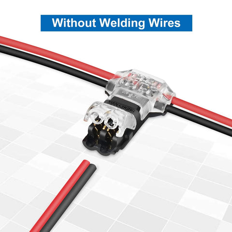 Close-up of 65.6ft 22 AWG LED Extension Cable with 12 Piece 3 Way T Tap Wire Connectors for easy LED wiring, no stripping needed.