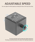 Side view of CF-13 LED Flasher Relay 12V Universal Car Turn Signal Relay Hyper Blink Fix, 3-pin ABS with adjustable speed knob.