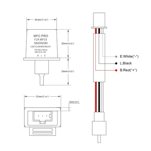 Technical diagram of a 12V 3 Pin LED Flasher Relay For Turn Signals To Fix Hyper Flash Problems Easy Install Replacement With Extension Line Included
