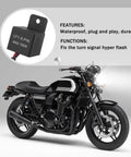 LED Flasher Relay For Motorcycle Turn Signals 12V Two Wire Two Pin Electronic Blinker shown with motorcycle, durable and weather resistant.