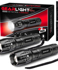 Two compact, ultra-bright LED flashlights offer reliable, pocket-ready light for camping, hunting, home emergencies and everyday tasks with a five-mode, zoomable beam and battery-powered operation (batteries not included) shown with packaging and carrying cases.