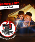 Father and daughter inside tent using two compact, ultra-bright LED flashlights offer reliable, pocket-ready light for camping, hunting, home emergencies and everyday tasks with a five-mode, zoomable beam and battery-powered operation (batteries not included)