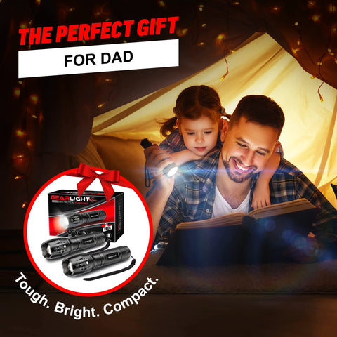 Father and daughter inside tent using two compact, ultra-bright LED flashlights offer reliable, pocket-ready light for camping, hunting, home emergencies and everyday tasks with a five-mode, zoomable beam and battery-powered operation (batteries not included)