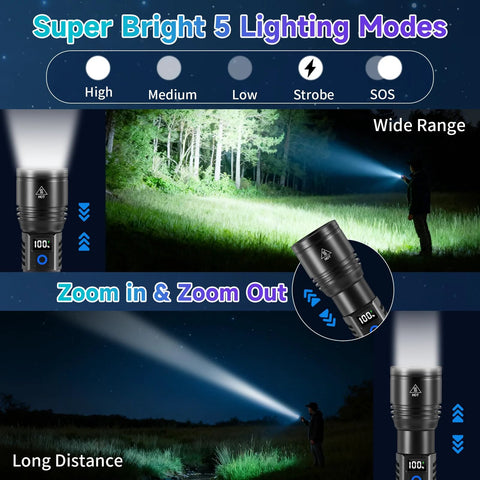 Rechargeable LED Flashlight 2 Pack High Lumens Handheld Tactical Torch With LCD Power Display used outdoors at night