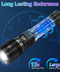 Rechargeable LED Flashlight 2 Pack High Lumens Handheld Tactical Torch With LCD Power Display, showing battery and light features