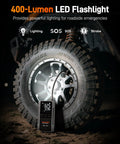 4000A Jump Starter With 160 PSI Air Compressor on tire, 88.8Wh Battery Pack, LED Display visible, dark background.