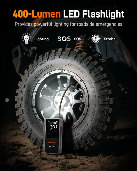 4000A Jump Starter With 160 PSI Air Compressor on tire, 88.8Wh Battery Pack, LED Display visible, dark background.