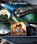Two compact USB rechargeable LED flashlights deliver up to 6000 lumens with a zoomable beam and three modes, featuring an LCD power display for easy battery checks, perfect for home emergencies, camping, and outdoor adventures, shown in use demonstrating three light modes and LCD display.
