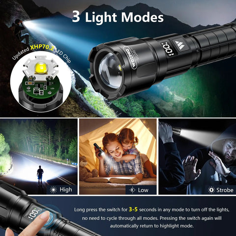 Two compact USB rechargeable LED flashlights deliver up to 6000 lumens with a zoomable beam and three modes, featuring an LCD power display for easy battery checks, perfect for home emergencies, camping, and outdoor adventures, shown in use demonstrating three light modes and LCD display.