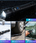 Rechargeable LED Flashlight 2 Pack High Lumens Handheld Tactical Torch With LCD Power Display shining under rain, snow, and impact testing