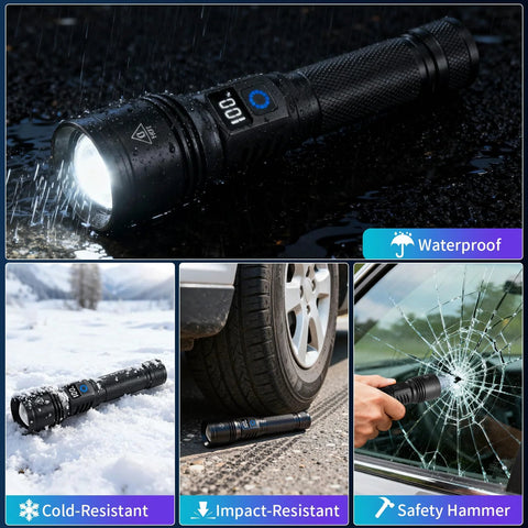 Rechargeable LED Flashlight 2 Pack High Lumens Handheld Tactical Torch With LCD Power Display shining under rain, snow, and impact testing