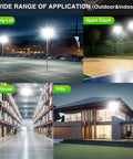 Ultra Bright 150W LED Outdoor Flood Light illuminating parking lot, sport court, warehouse, and villa in various settings