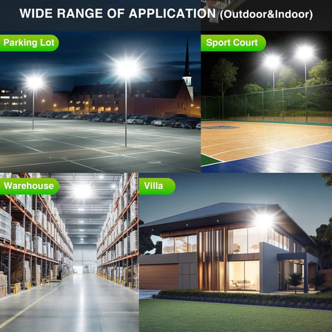 Ultra Bright 150W LED Outdoor Flood Light illuminating parking lot, sport court, warehouse, and villa in various settings
